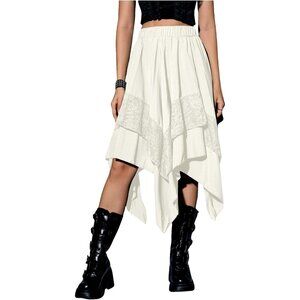 Women White Y2k Contrast Lace Asymmetrical Whimsical Clothes Gothic Midi Skirts